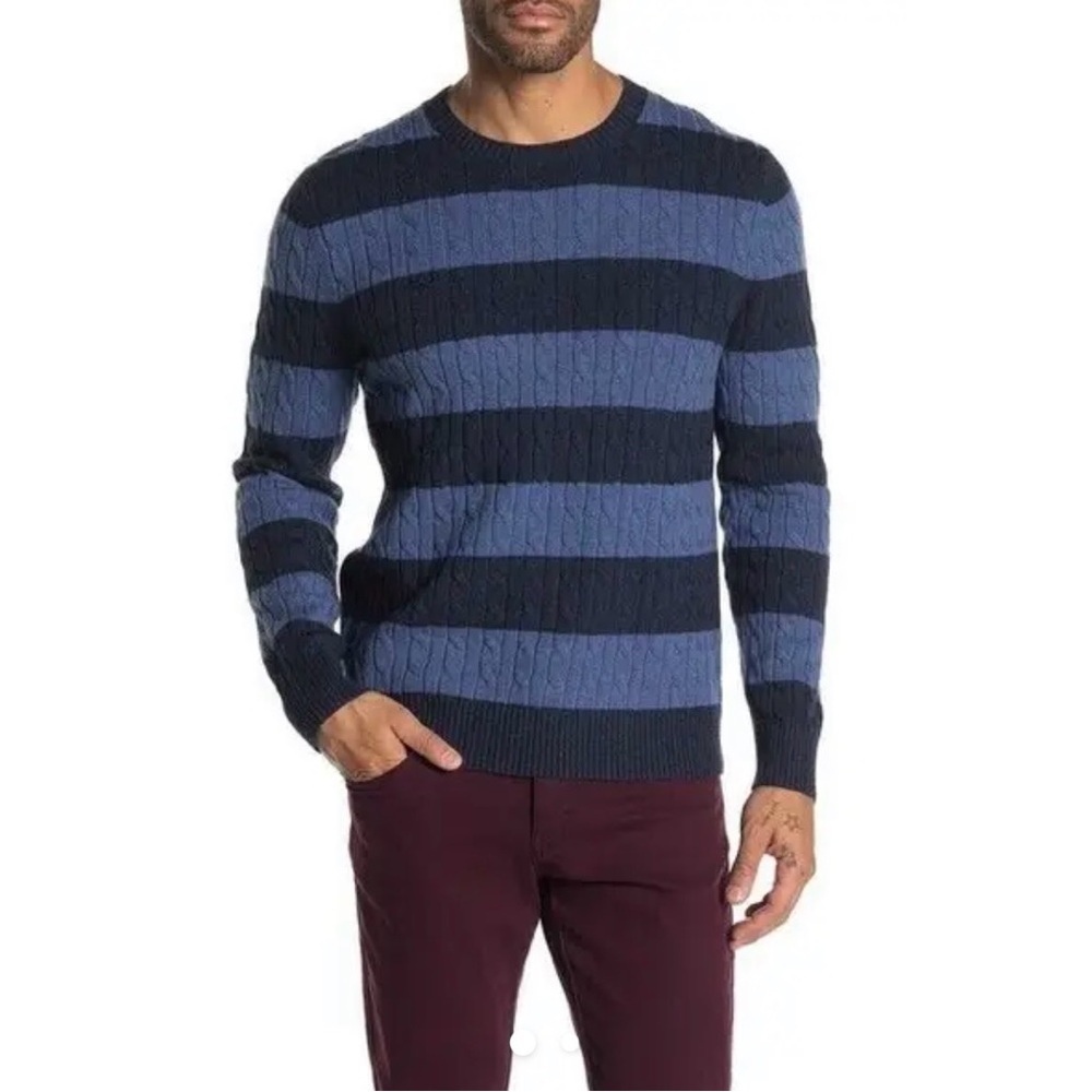 Brooks Brothers Mens Wool Blend Stripe Sweater Tonal Navy Crew Neck Sz Large